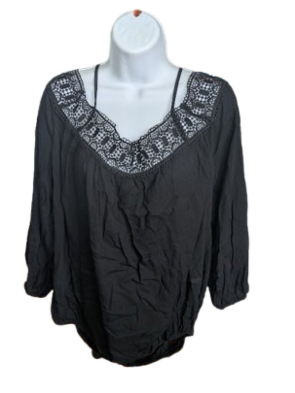Black Blouse / Blousy Top With Lace Size XL